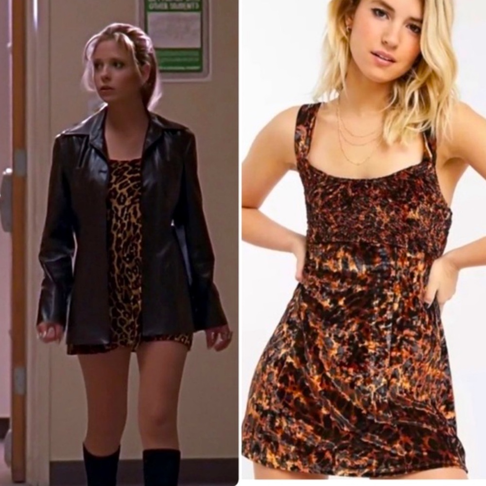 1990s Buffy the Vampire Slayer Crushed Velvet Mini Leopard Practical Magic Dress